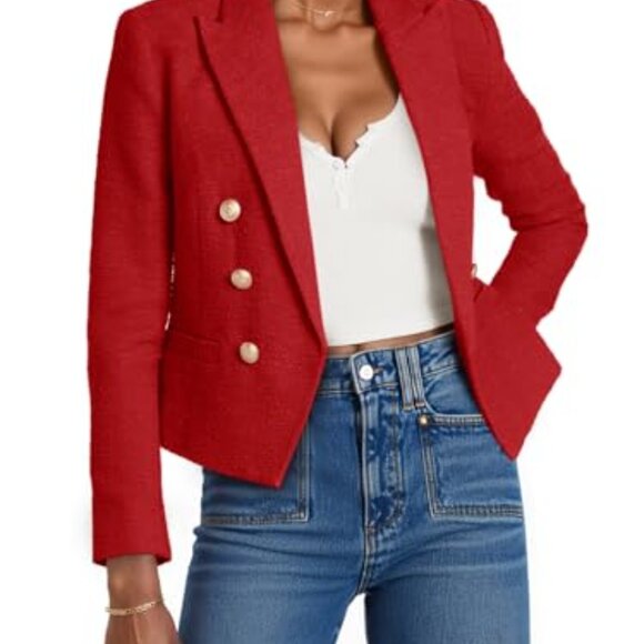 Cropped Tweed Blazer Elegant Chic Professional Work Office Jacket Padded - Picture 2 of 6